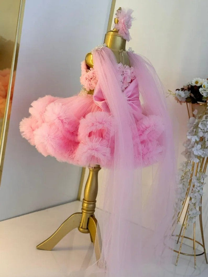 Sunnypetal Pink Puffy Ruffles Tulle Baby Girl First Birthday Pageant Dress