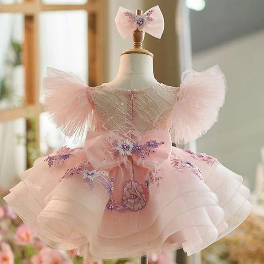 Sunnypetal Pink Puffy Sleeves Tulle Knee-Length Baby Girl Dress with F sunnypetal Sunnypetal Pink Puffy Sleeves Tulle Knee-Length Baby Girl Dress with F sunnypetal