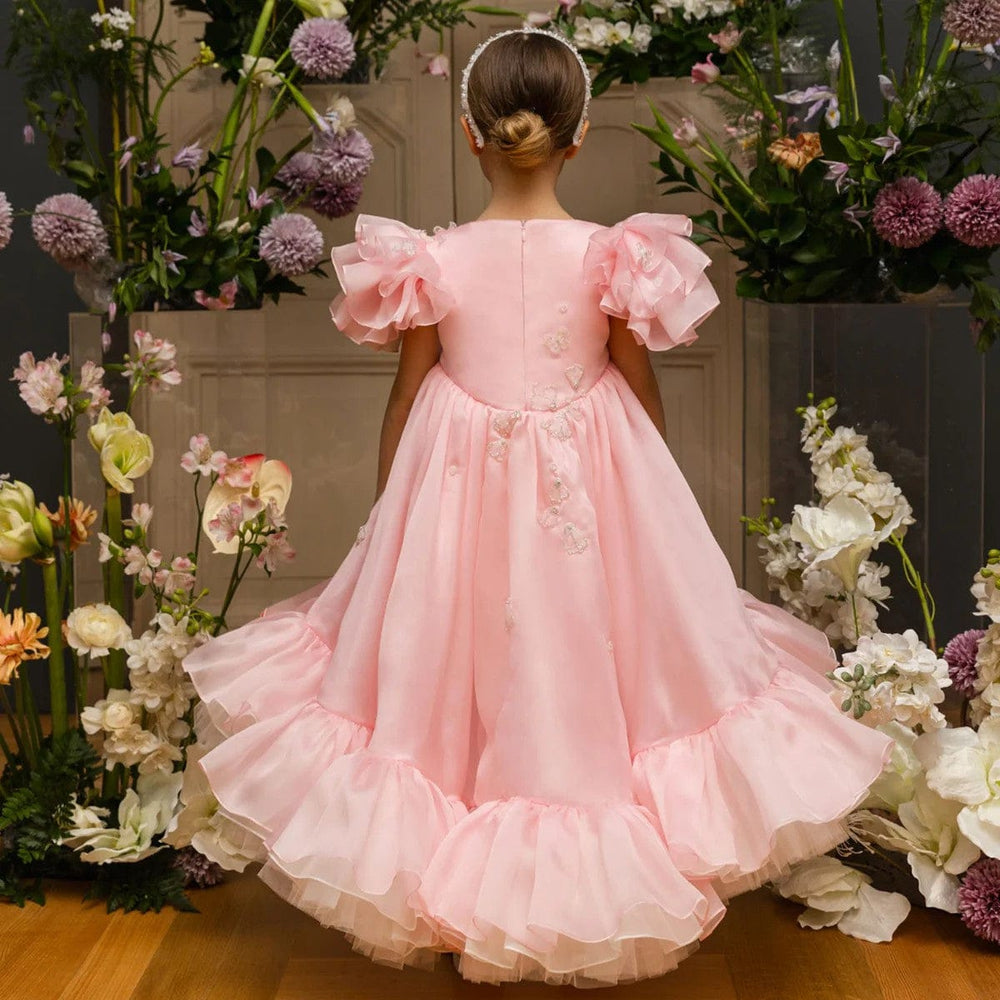 Sunnypetal Pink Ruffled Butterfly Flower Girl Dress with Layered Tulle Hem and Puff Sleeves