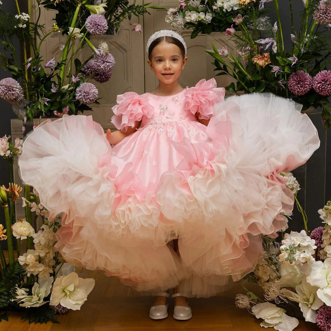 Sunnypetal Pink Ruffled Butterfly Flower Girl Dress with Layered Tulle Hem and Puff Sleeves