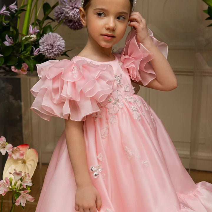 Sunnypetal Pink Ruffled Butterfly Flower Girl Dress with Layered Tulle Hem and Puff Sleeves