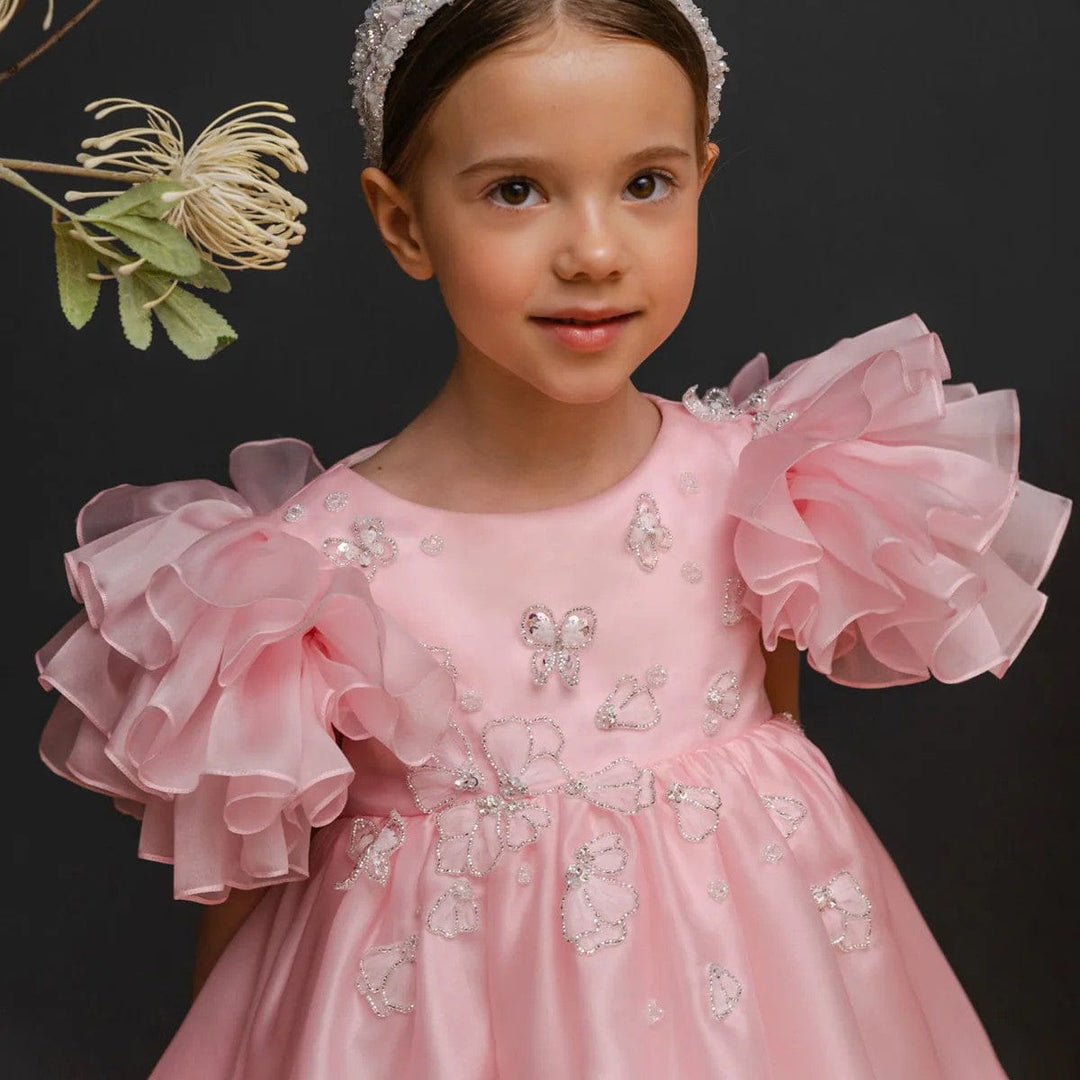 Sunnypetal Pink Ruffled Butterfly Flower Girl Dress with Layered Tulle Hem and Puff Sleeves