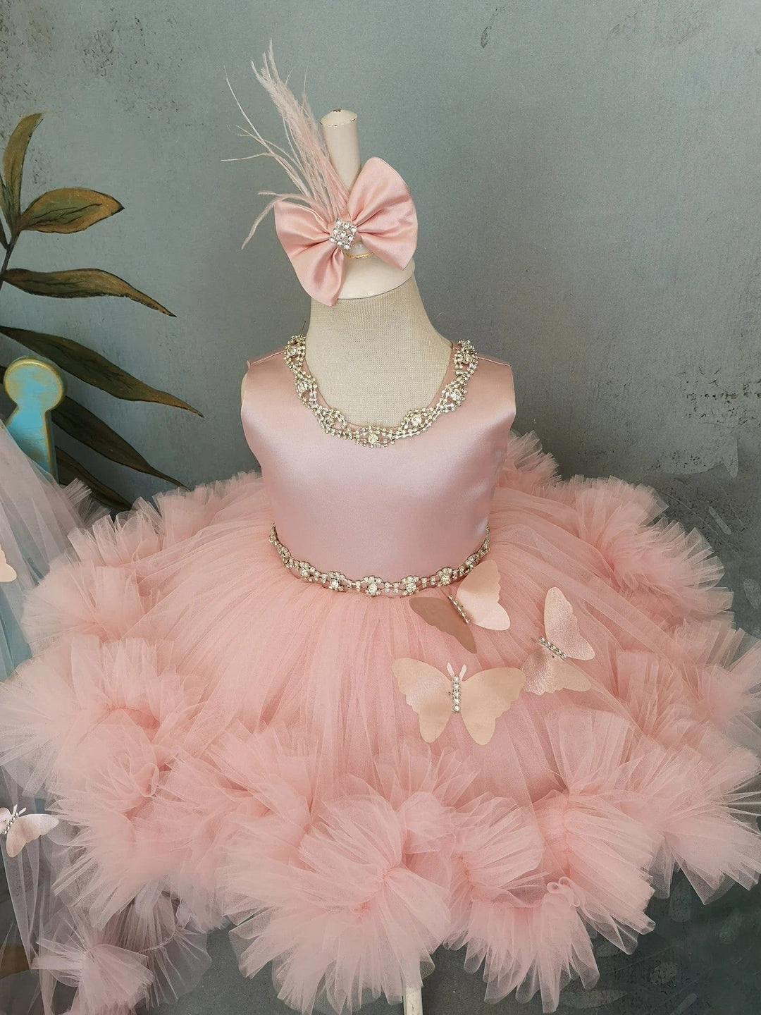 Sunnypetal Pink Ruffles Tulle Baby Girls Dress Sleeveless Satin Bodice Knee-Length with 3D Butterfly