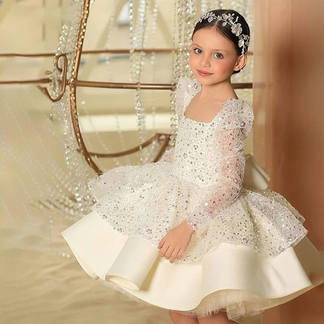 Sunnypetal Pink Sequin Knee-Length Flower Girl Dresses with Satin Bow