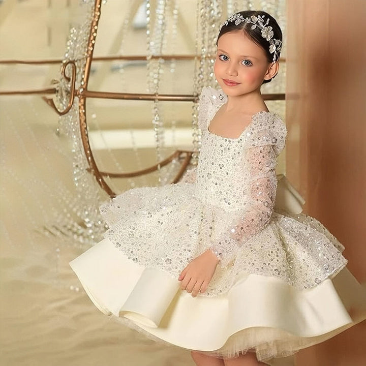 Sunnypetal Pink Sequin Knee-Length Flower Girl Dresses with Satin Bow