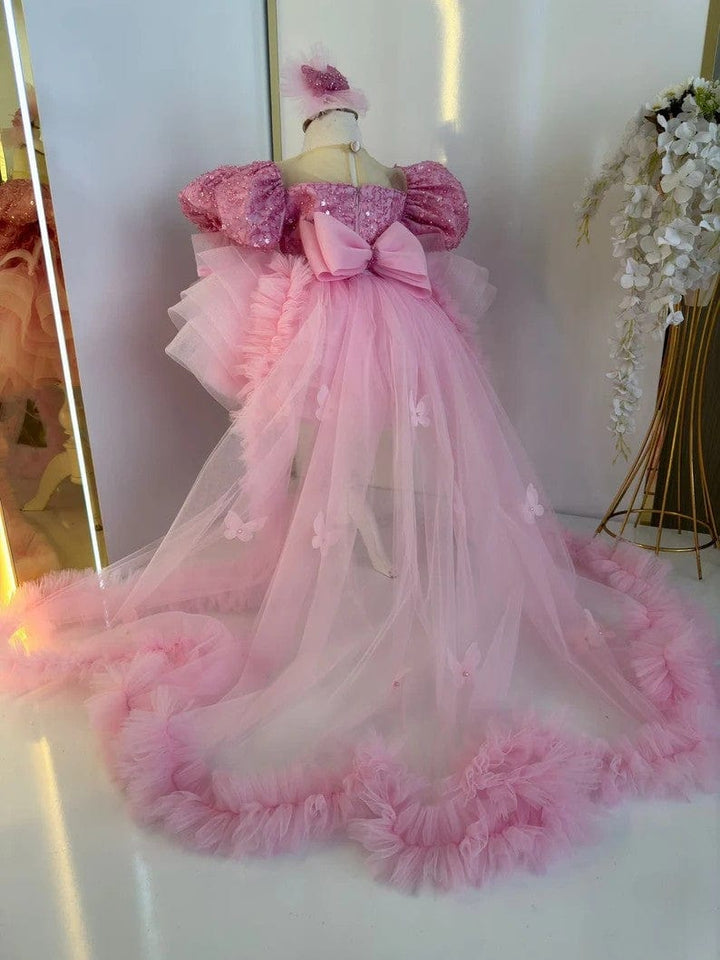 Sunnypetal Pink Sequined Puffy Tulle Princess Flower Girl Dress with Detachable Train