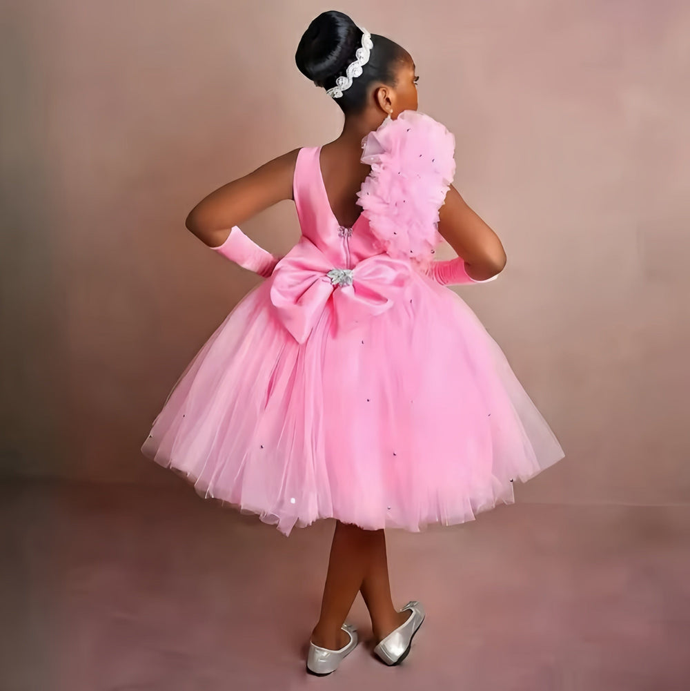 Sunnypetal Pink Sleeveless Beaded Bow Knee-Length Flower Girl Dresses