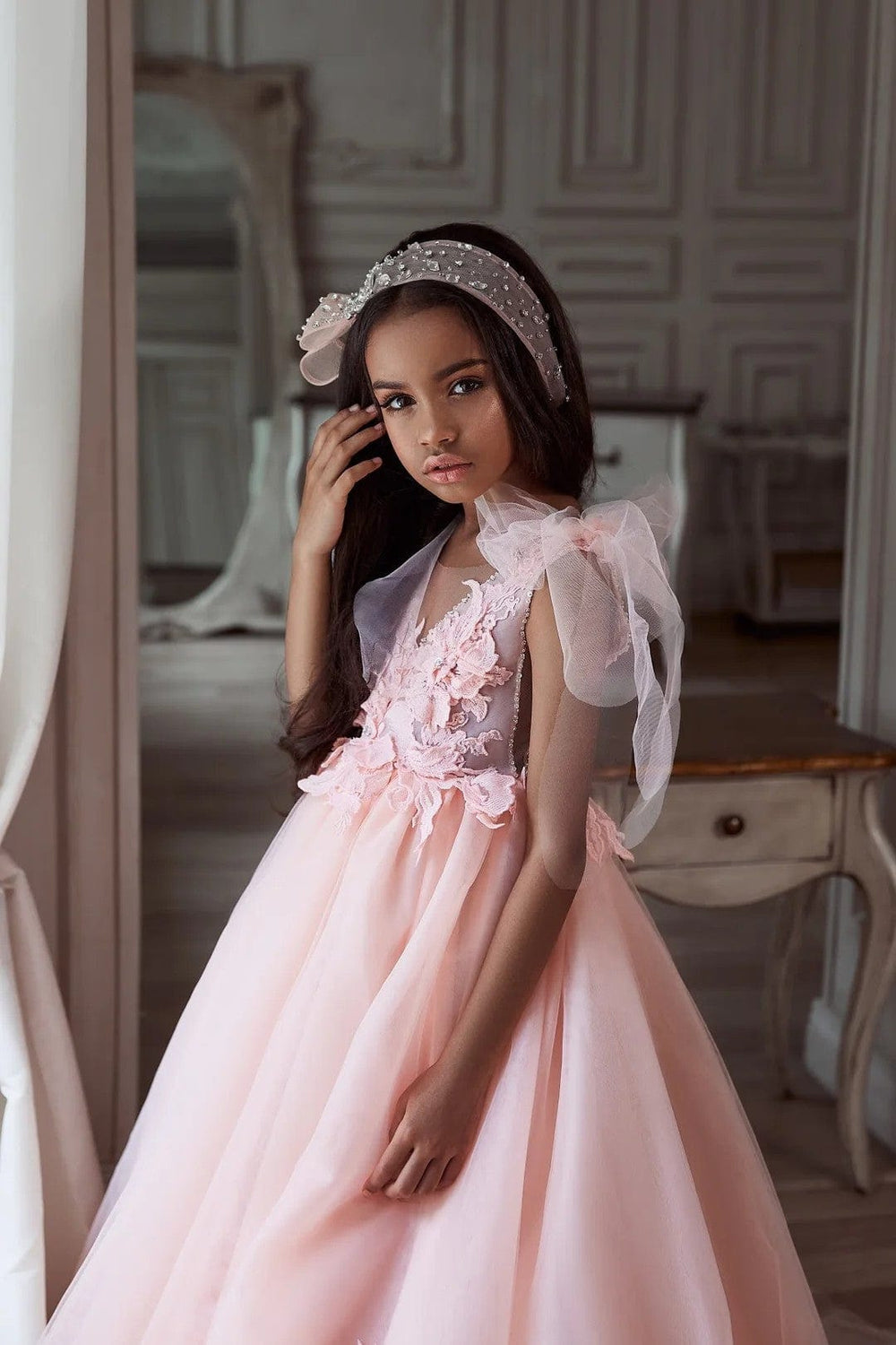 Sunnypetal Pink V-Neck Long Tulle Princess Gown Flower Girl Dress with Bow-Tie Shoulder