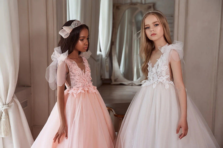 Sunnypetal Pink V-Neck Long Tulle Princess Gown Flower Girl Dress with Bow-Tie Shoulder