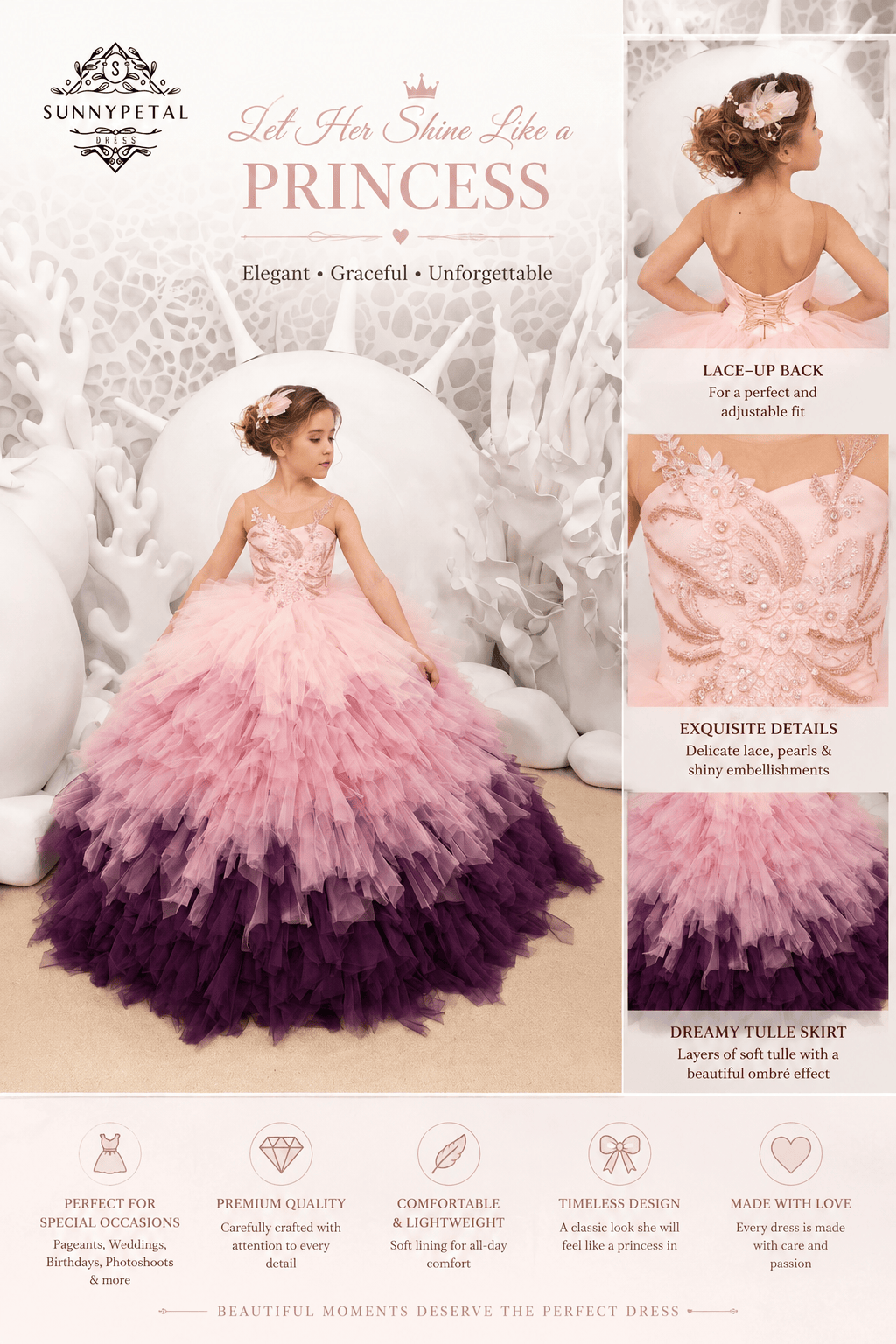Sunnypetal Princess Floral Appliqué Tulle Flower Girl Ball Gown with Beaded Details