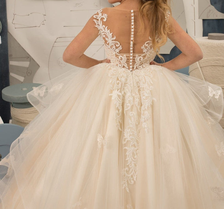 Sunnypetal Princess Lace Sleeveless Tulle Ruffles Flower Girl Dress With Beading