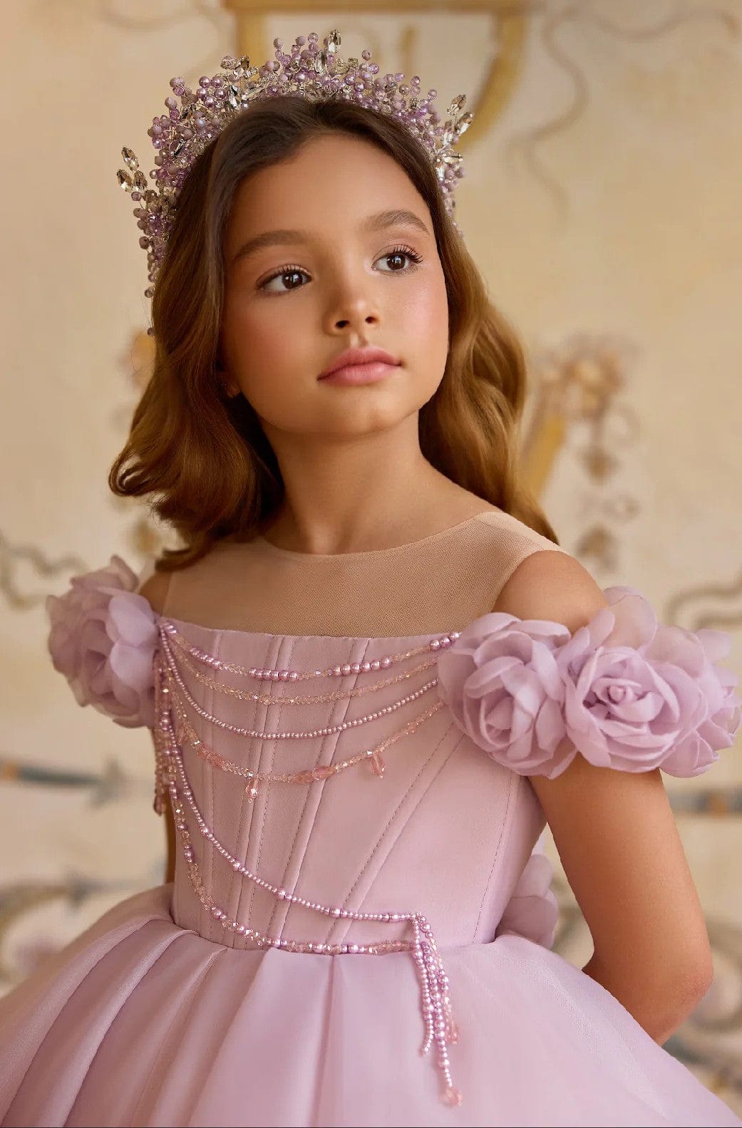 Sunnypetal Princess Off-Shoulder Flower Girl Dress with Beaded Bodice & Floral Details