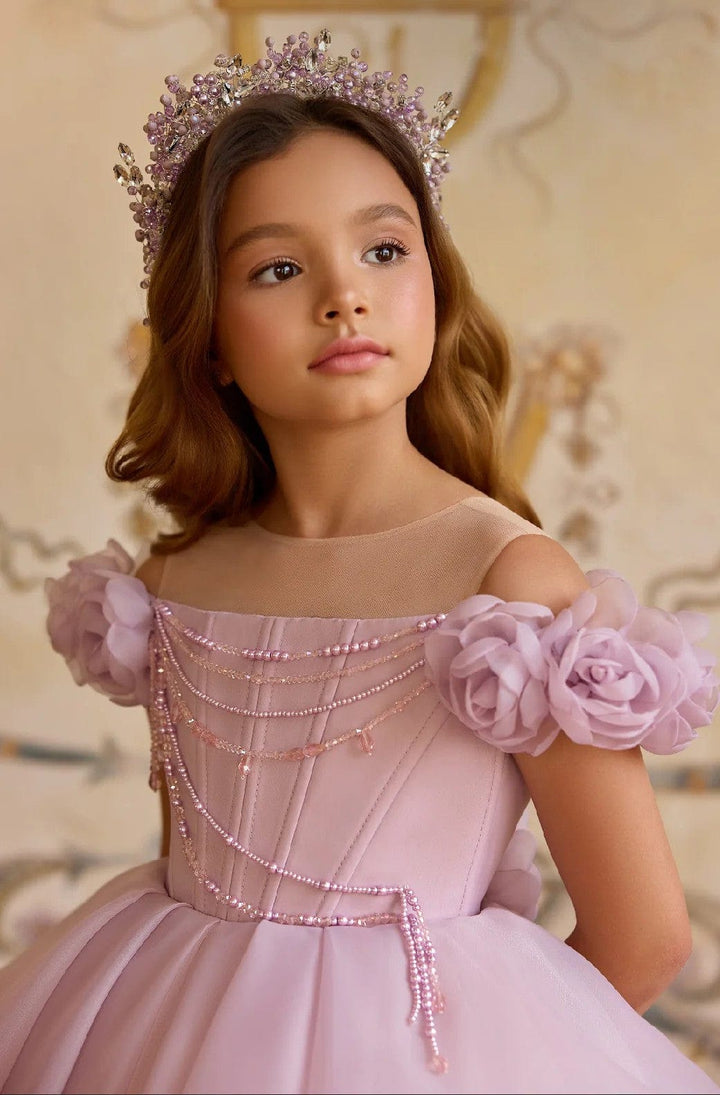 Sunnypetal Princess Off-Shoulder Flower Girl Dress with Beaded Bodice & Floral Details