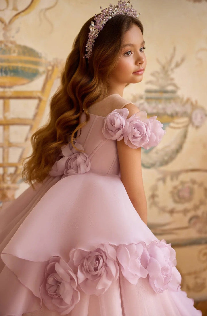 Sunnypetal Princess Off-Shoulder Flower Girl Dress with Beaded Bodice & Floral Details