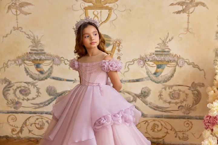 Sunnypetal Princess Off-Shoulder Flower Girl Dress with Beaded Bodice & Floral Details