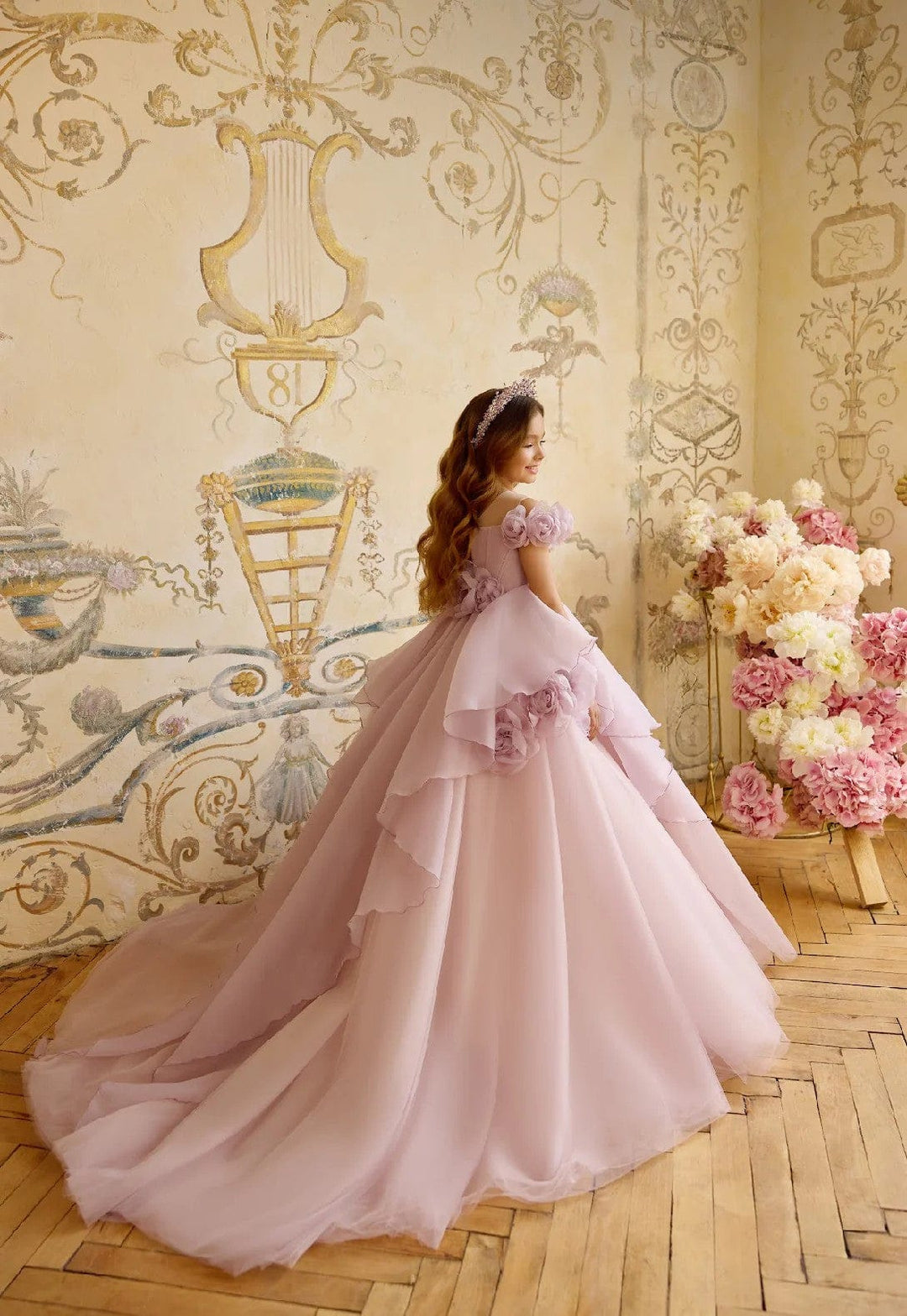 Sunnypetal Princess Off-Shoulder Flower Girl Dress with Beaded Bodice & Floral Details