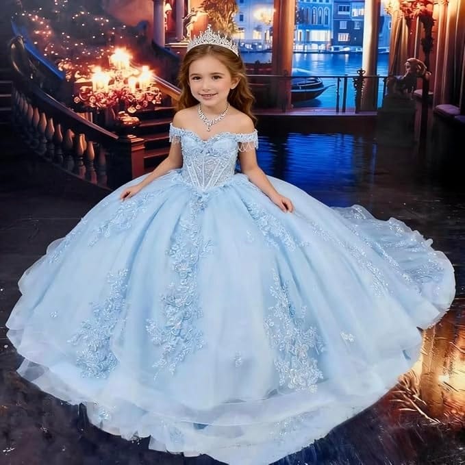 Sunnypetal Princess Off-the-Shoulder Lace Appliqué Tulle Ball Gown Flower Girl Dress with Bow