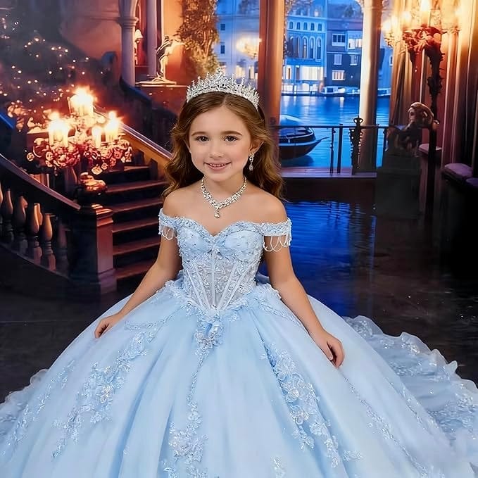 Sunnypetal Princess Off-the-Shoulder Lace Appliqué Tulle Ball Gown Flower Girl Dress with Bow