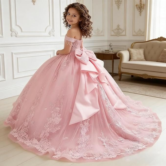 Sunnypetal Princess Off-the-Shoulder Lace Appliqué Tulle Ball Gown Flower Girl Dress with Bow