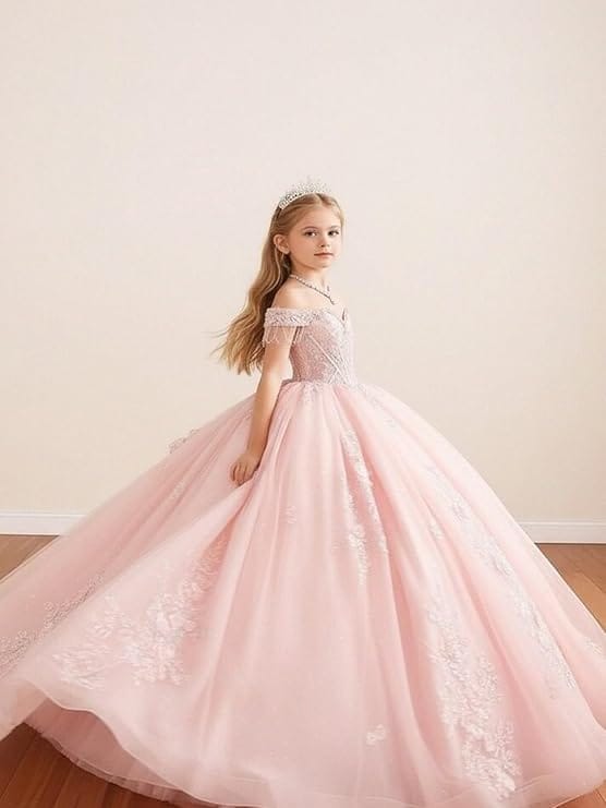 Sunnypetal Princess Off-the-Shoulder Lace Appliqué Tulle Ball Gown Flower Girl Dress with Bow
