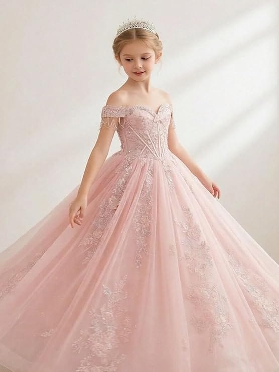 Sunnypetal Princess Off-the-Shoulder Lace Appliqué Tulle Ball Gown Flower Girl Dress with Bow