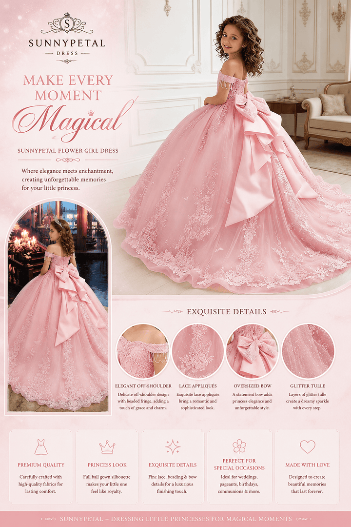 Sunnypetal Princess Off-the-Shoulder Lace Appliqué Tulle Ball Gown Flower Girl Dress with Bow