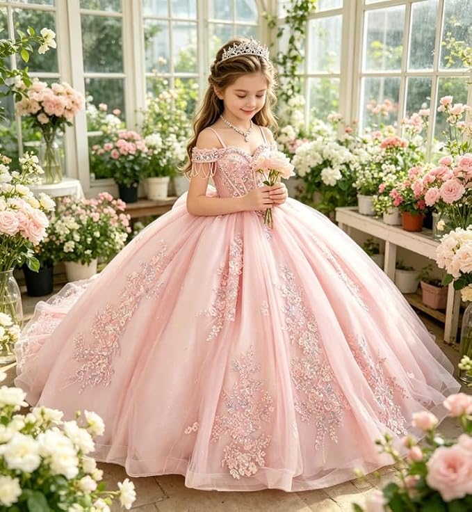 Sunnypetal Princess Off-the-Shoulder Lace Appliqué Tulle Ball Gown Flower Girl Dress with Bow