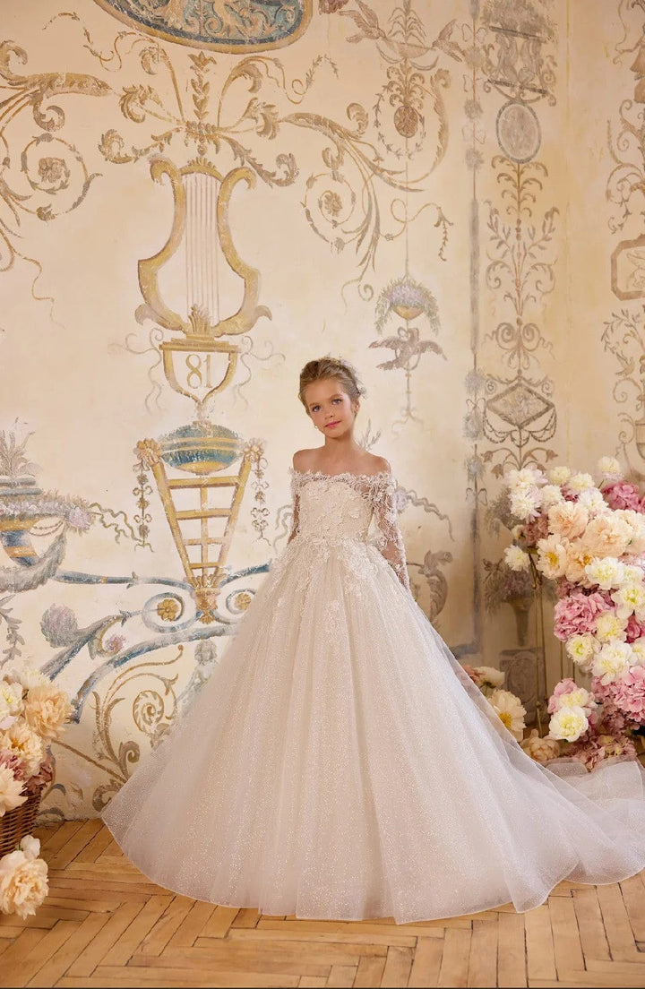 Sunnypetal Princess Off-the-Shoulder Tulle First Communion Dress with Lace & Pearls