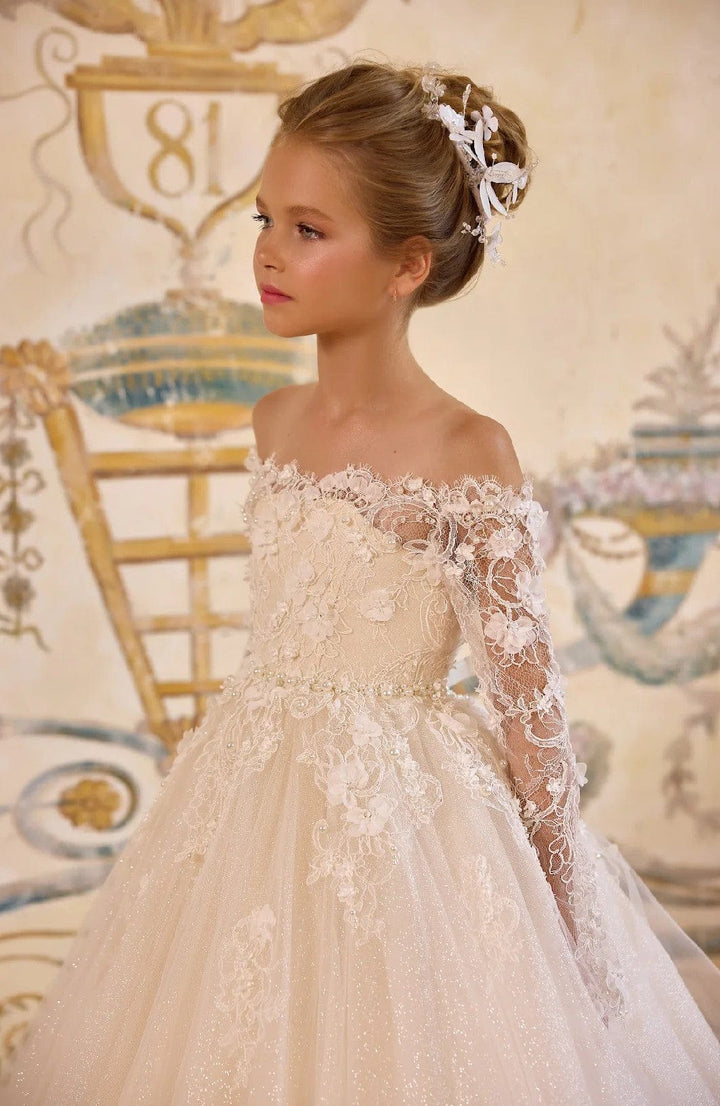 Sunnypetal Princess Off-the-Shoulder Tulle First Communion Dress with Lace & Pearls