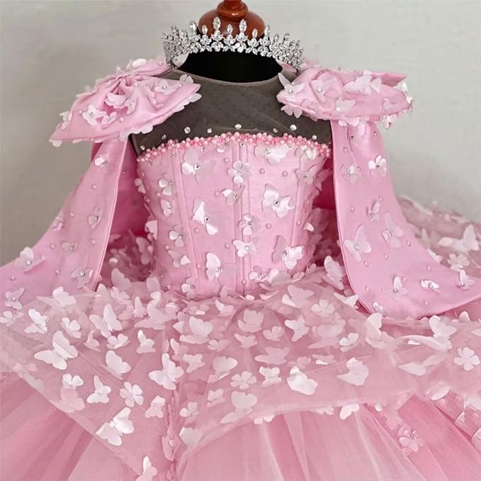 Sunnypetal Princess Pink Tulle Ball Gown Flower Girl Dress with Butterfly Appliqués and Cape