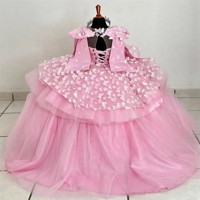 Sunnypetal Princess Pink Tulle Ball Gown Flower Girl Dress with Butterfly Appliqués and Cape