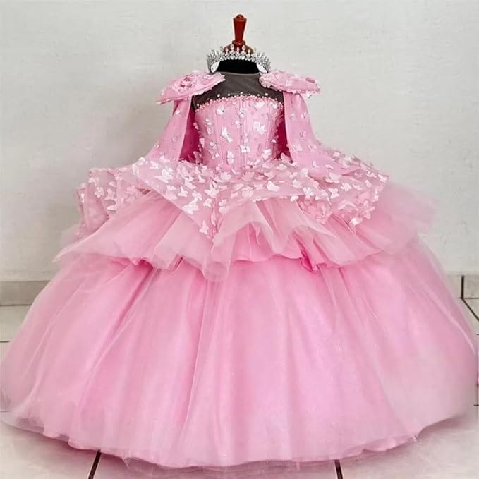 Sunnypetal Princess Pink Tulle Ball Gown Flower Girl Dress with Butterfly Appliqués and Cape