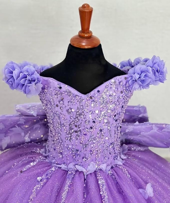 Sunnypetal Princess Purple Tulle Ball Gown Flower Girl Dress with Butterfly Appliqués and Bow