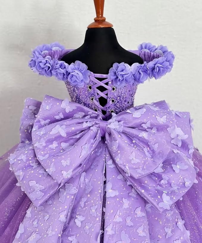Sunnypetal Princess Purple Tulle Ball Gown Flower Girl Dress with Butterfly Appliqués and Bow