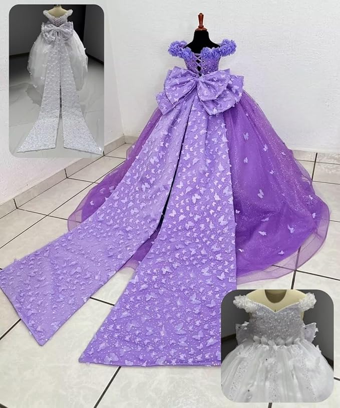 Sunnypetal Princess Purple Tulle Ball Gown Flower Girl Dress with Butterfly Appliqués and Bow