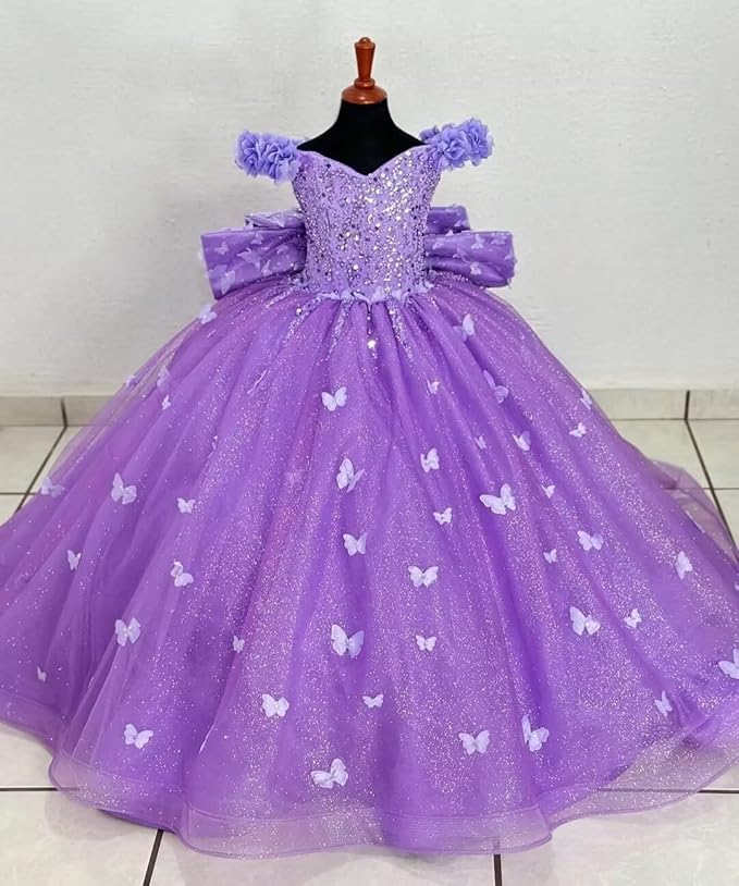 Sunnypetal Princess Purple Tulle Ball Gown Flower Girl Dress with Butterfly Appliqués and Bow