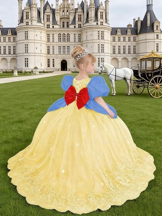 Sunnypetal Princess Sky Blue Tulle Lace Flower Girl Dress with Bow and Puff Sleeves