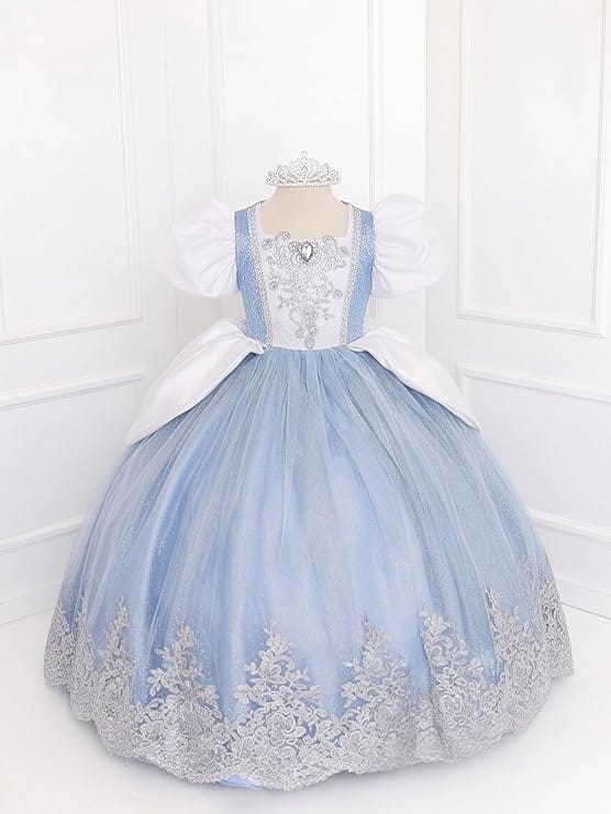 Sunnypetal Princess Sky Blue Tulle Lace Flower Girl Dress with Bow and Puff Sleeves