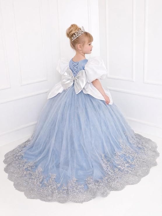 Sunnypetal Princess Sky Blue Tulle Lace Flower Girl Dress with Bow and Puff Sleeves