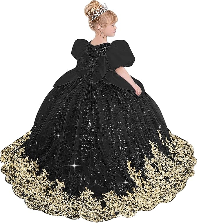 Sunnypetal Princess Sky Blue Tulle Lace Flower Girl Dress with Bow and Puff Sleeves