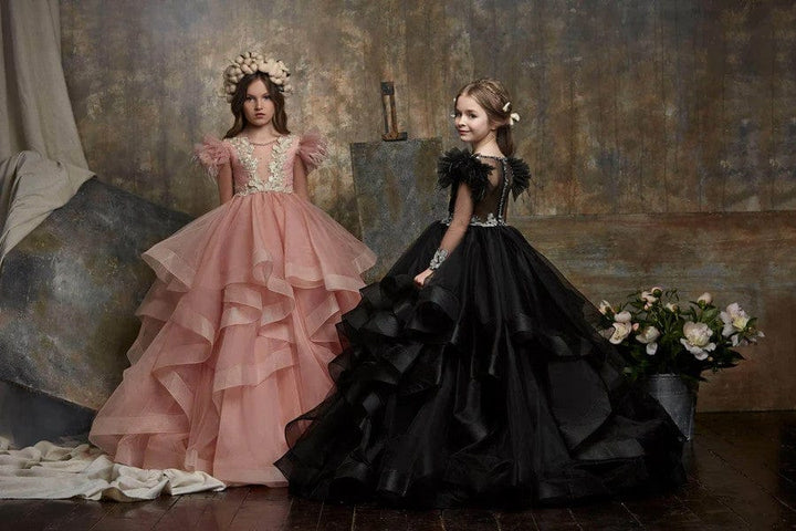 Sunnypetal Puff Sleeves Asymmetrical Waterfall Ruffle Gown with Butterfly Appliqués