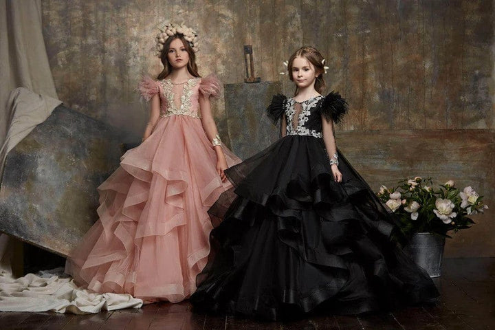 Sunnypetal Puff Sleeves Asymmetrical Waterfall Ruffle Gown with Butterfly Appliqués