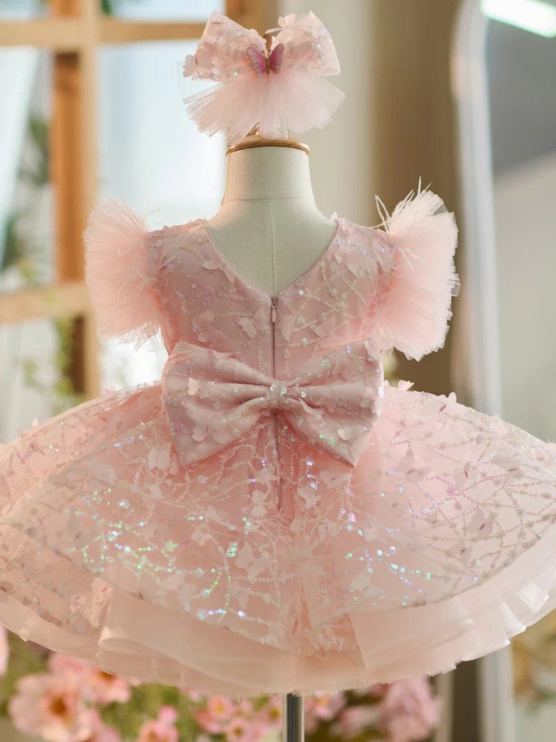 Sunnypetal Puff Sleeves Lace 3D Butterflys Ball-Gown Flower Girl Dresses