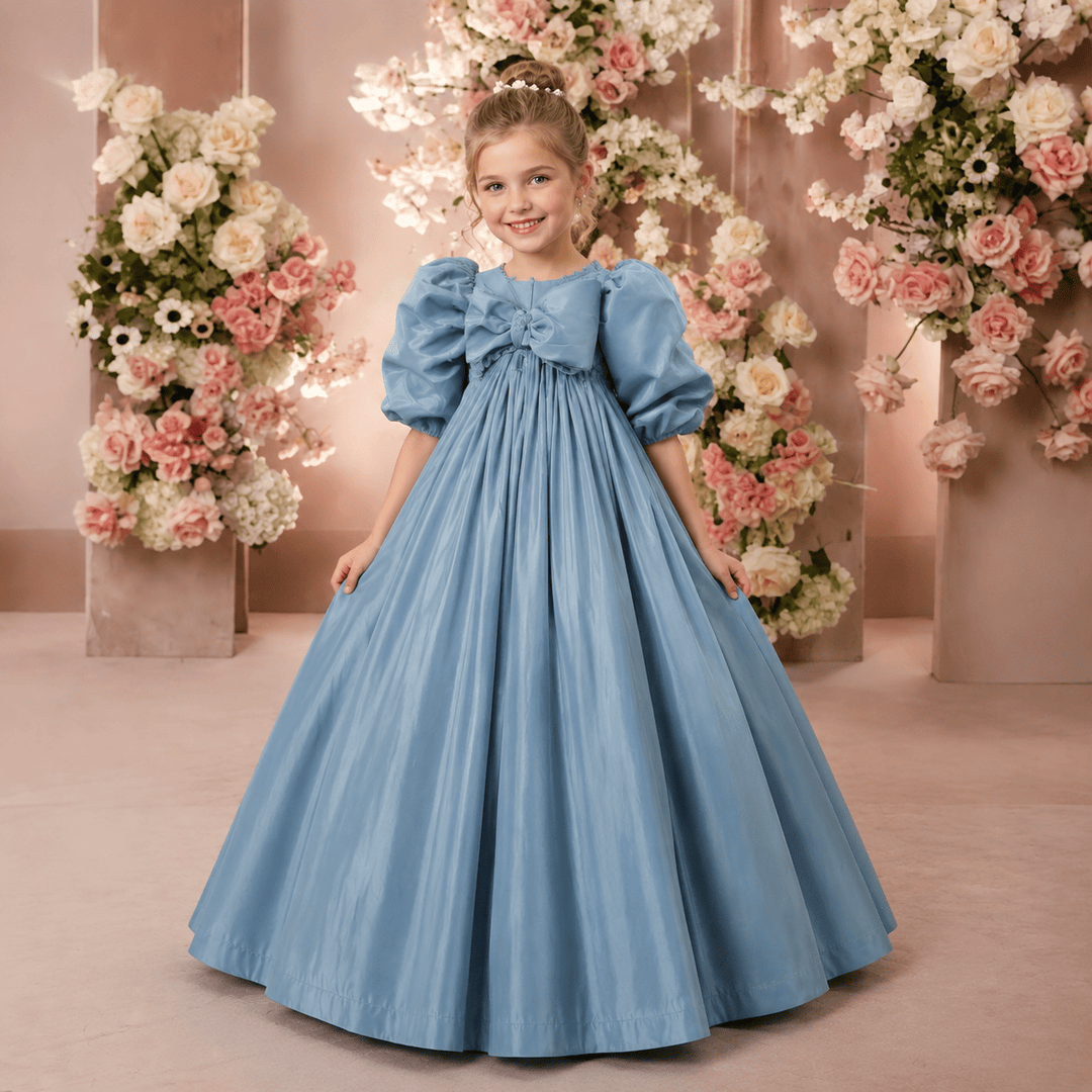 Sunnypetal Puff Sleeves Long Flower Girl Princess Dress with Bow