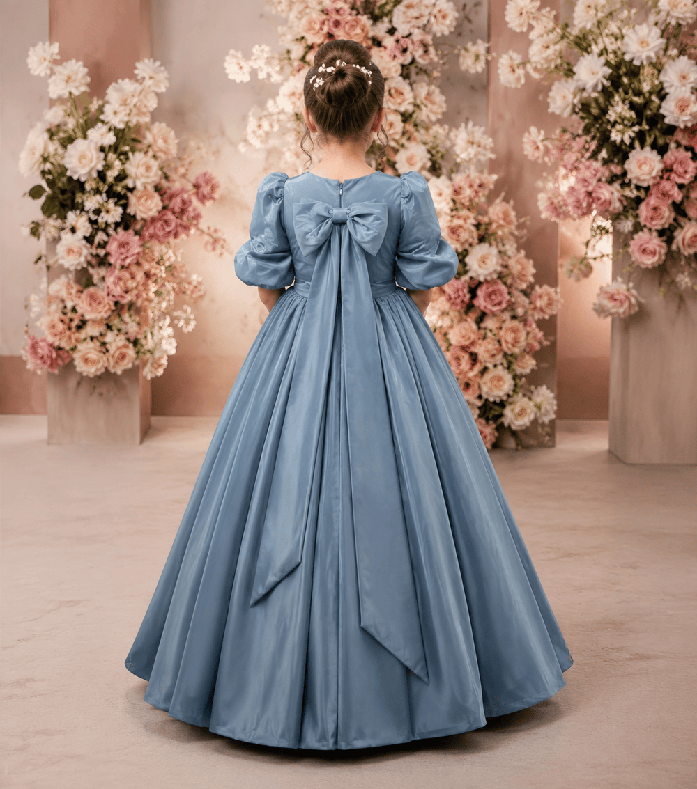 Sunnypetal Puff Sleeves Long Flower Girl Princess Dress with Bow
