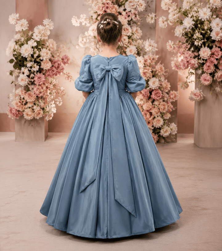 Sunnypetal Puff Sleeves Long Flower Girl Princess Dress with Bow