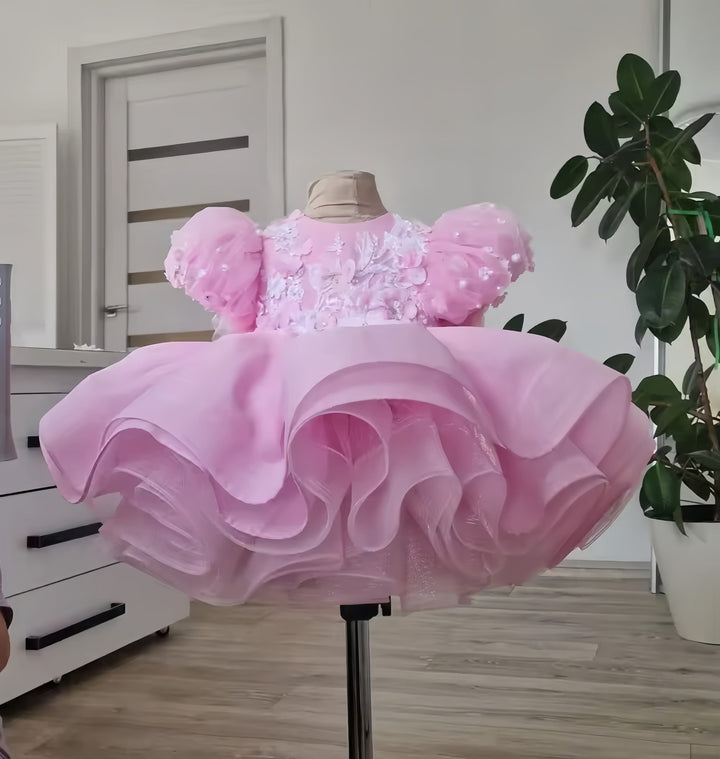 Sunnypetal Puffy Pink Baby Toddler Princess Ball Gown Kids Newborn Tulle Baptism Outfits