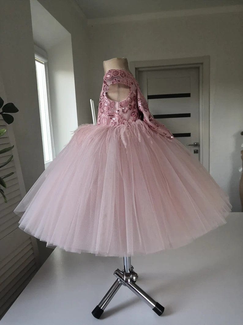 Sunnypetal Puffy Tull Ankle-Length Flower Girl Dress with Sparkly Lace Bodice&Feathers