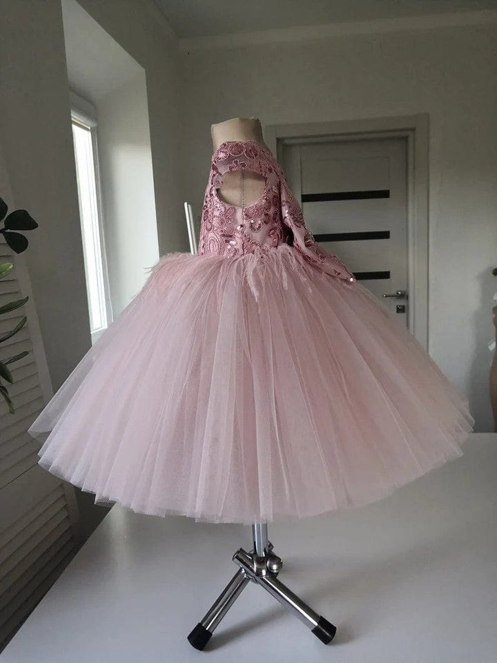 Sunnypetal Puffy Tull Ankle-Length Flower Girl Dress with Sparkly Lace Bodice&Feathers