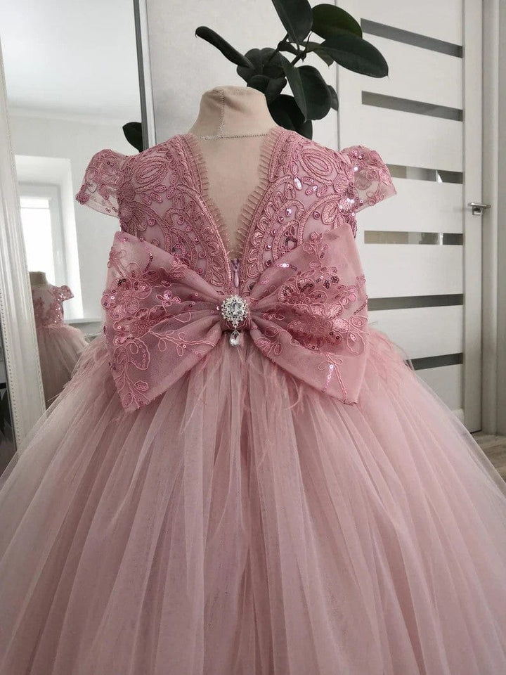 Sunnypetal Puffy Tull Ankle-Length Flower Girl Dress with Sparkly Lace Bodice&Feathers